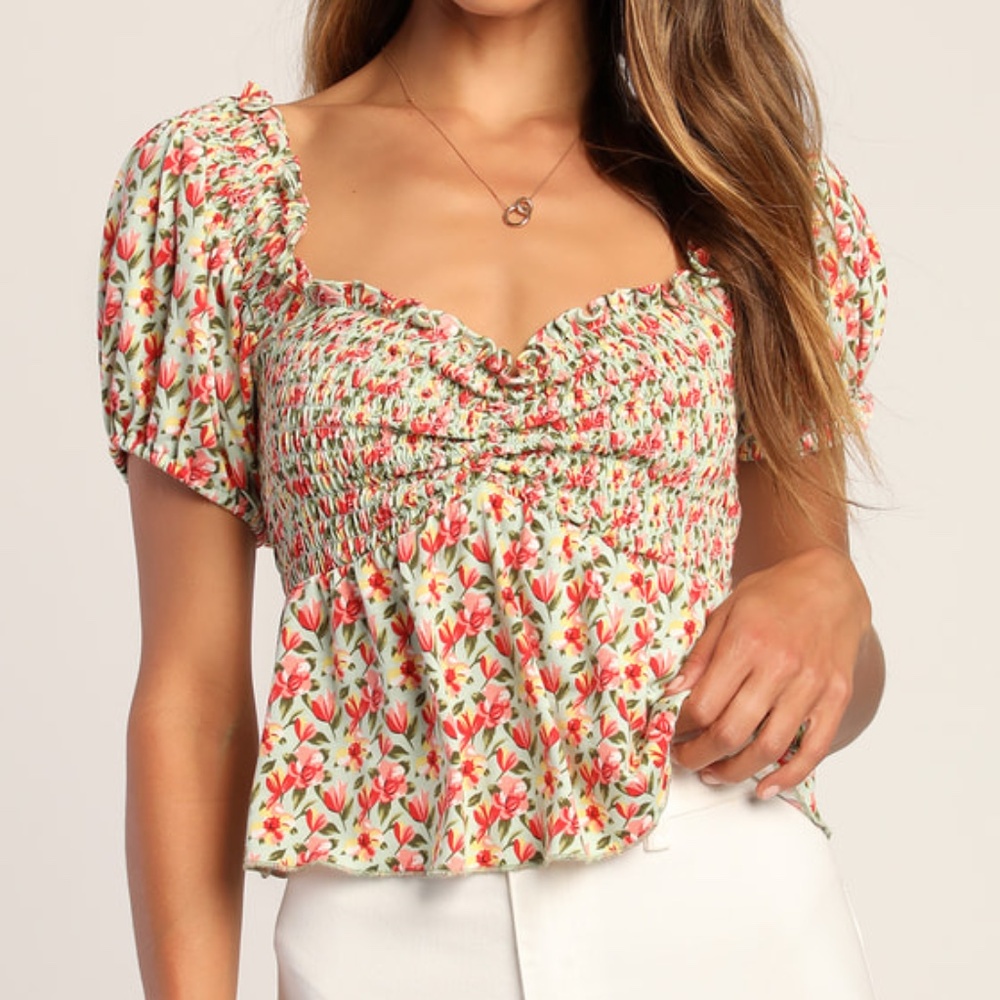 Lulus Such A Flirt Sage Floral Smocked Peplum Short Sleeve Top Green - Size L
